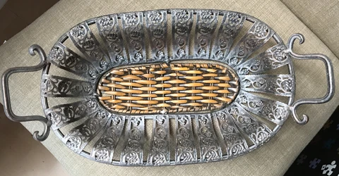 Mediterranean Style Wicker Metal Bread Basket Brown Silver Copper Oval 15 inch Cover