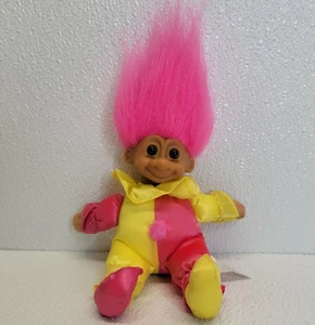 Vintage Russ Berrie Troll Pink Yellow Clown Jester Plush Doll Pink Hair - Picture 1 of 10