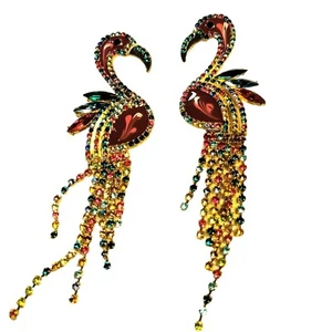 Flamingo Dangle Earrings Multicolor Crystals Rhinestones 4.5 Inches Long - Picture 1 of 3