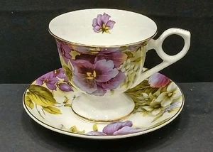 Gracie Bone China Cup & Saucer - Purple Pansy Design With Gold Rim - Picture 1 of 8