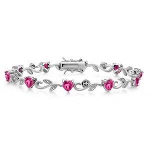925 Sterling Silver Heart Shape Pink Created Sapphire and White Lab Grown - Picture 1 of 4