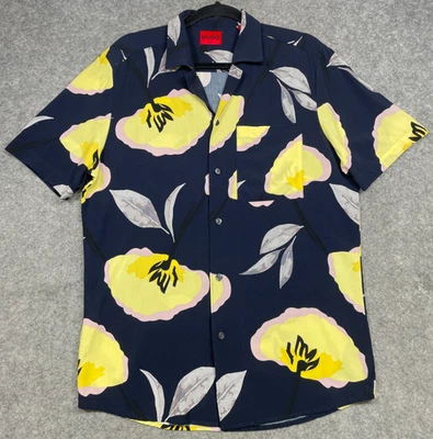Hugo Boss Ellino Shirt Mens M Navy Blue Yellow Floral Camp Button Straight Fit - Image 1 of 4