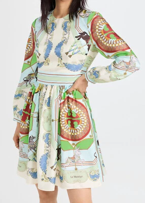 Tory Burch Carousel Printed Mini Dress Silk Animal Blue Green Carnival 00 - Image 1 of 4