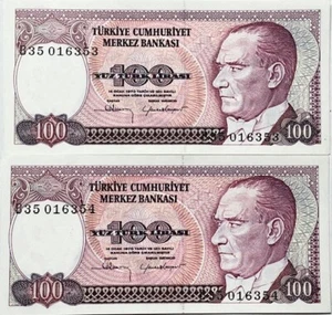 TURKEY - Kamal Ataturk - (2) Consecutive 100 Lira - 1970(1984) - Pick-194 - CU! - Picture 1 of 2