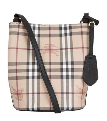 NWT BURBERRY LORNE BLACK HAYMAKET LEATHER NOVA CHECK CROSSBODY BUCKET SMALL BAG  - Image 1 of 4