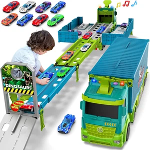 Foldable Dinosaur Carrier Truck Race Track Playset with 8 Cars for Kids 3+ - Picture 1 of 12