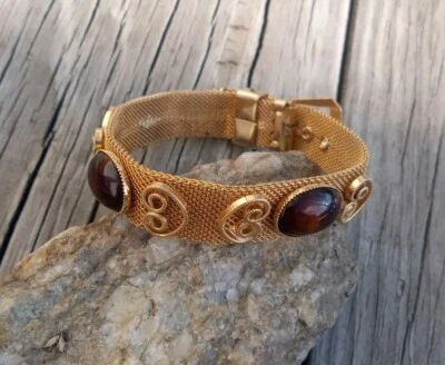 Pulsera Hebilla Malla De Colección Cuentas De Vidrio Marrón Tono Dorado 8" Foto 1 de 3
