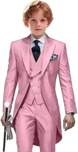 Satin Boy‘s Suits Set Peak Lapel Long Coat Pant Vest Wedding Prom Tuxedo 3 Piece - Picture 1 of 16