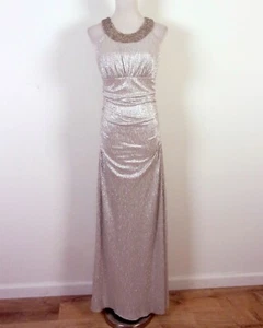 Cachet Prom Dress Silver Metallic Sleeveless Ruched Sparkle Maxi Gown Formal 2 - Picture 1 of 6