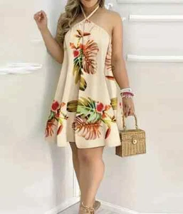 Cream Halter Neck With Leaf Print Dress Size : 12-14 - no.216 - Picture 1 of 2