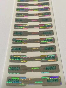 100 GREEN NUMBERED TAMPER SECURITY VOID HOLOGRAM DOGBONE LABELS SEALS STICKERS - Picture 1 of 2