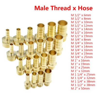 Brass 1/2" to 2" Male Threaded Adapter Tube Hose Nozzle Barb Connectors Fittings - Image 1 of 3