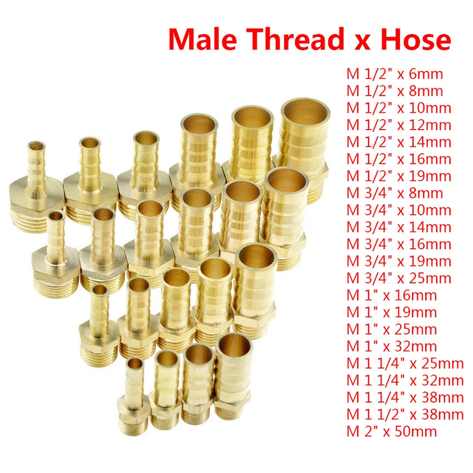 Brass 1/2" to 2" Male Threaded Adapter Tube Hose Nozzle Barb Connectors Fittings - Image 1 of 3