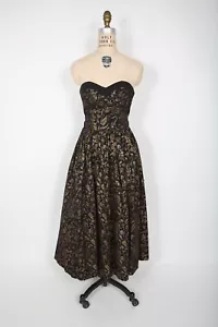 Laura Ashley Vintage Black & Gold Floral Metallic Summer Party Dress 80s 90s - Picture 1 of 4