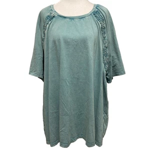 Coldwater Creek Tunic Top 3X Teal Blue Short Sleeve Braid Detail Lagenlook Boho - Picture 1 of 10