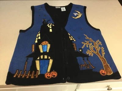 万圣节毛衣背心 - Bobbie Brooks 黑色蓝色鬼屋 XL 码 (16/20) — 第 1/4 张图片