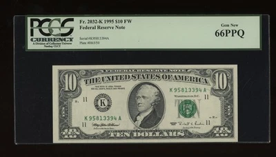 DBR 1995 $10 FRN Dallas Gem Fr. 2032-K PCGS 66 PPQ Serial K95813394A - Image 1 of 2