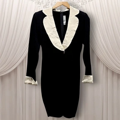 Vintage St. John Santana Knit Dress 2 Black Ivory Collar Cuffs Santana Knit Wool - Image 1 of 4