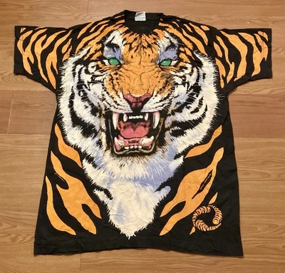 复古 90 年代液体蓝色老虎 T 恤全印花,尺寸 XL - 1995 年状况完好! — 第 1/4 张图片