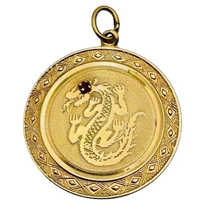Vintage 14K Gold Chinese Dragon Charm Pendant 3.3g W/ Ruby Eye Medallion HTF - Image 1 of 4