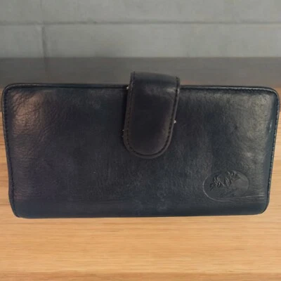 Винтажный Buxton бумажник устроитель молнии вокруг темно-синий кожаный кошелек с ремешком застежки - Изображение 1 из 4