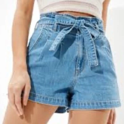 American Eagle Bolsa de Papel Denim Mamá Jean Pantalones Cortos Con Lazo y Volantes Top Talla 0 Foto 1 de 4