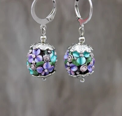 Ohrringe Ohrhänger Lampwork Perlen Blüten Blau Türkis Sommer Edelstahl #LA097 - Bild 1 von 4