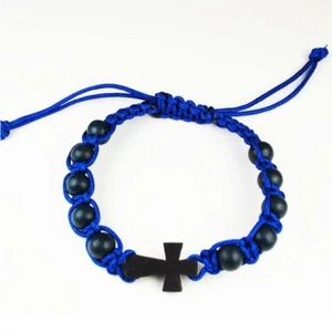  Blue Corded Black Wooden Beads Adjustable Cross Bracelet NEW Catholic Christian - Picture 1 of 1