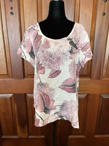 FLAX  Linen Short Sleeve Swing Top S Pink Floral Hydrangea Lagenlook Boho Women - Picture 1 of 7