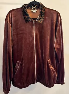 Vintage Teddi Size XL Brown Velvet Jacket Cheetah Print Collar Full Zip Pockets - Picture 1 of 5