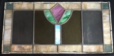 Antique Leaded Stained Glass Craftsman Bungalow Transom Window 26”x13” No Frame - Image 1 of 4