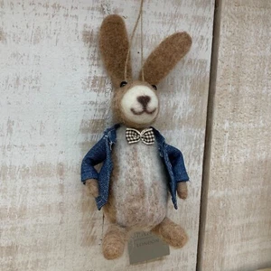 Wool Bunny Blue Jacket Bow Tie Easter Decorations Hanging Gisela Graham Rabbit - Picture 1 of 6