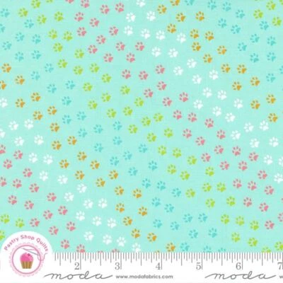 Moda HERE KITTY KITTY 20835 19 Aqua cat paw prints STACY IEST HSU Quilt Fabric - Image 1 of 4