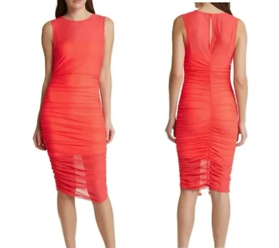 Black Halo Elvia Sheath Dress Womens Size L Vivid Melon Cocktail Bodycon Ruched - Image 1 of 4