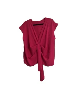 Zara Blouse Sz L Hot Pink Tie Front V-Neck Cap Sleeves Lightweight Work Casual - Picture 1 of 6
