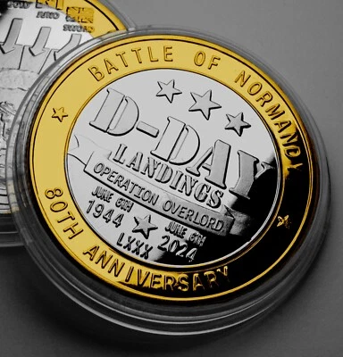 D-DAY LANDINGS 80th Anniversary Silver & 24ct Gold Commemorative Coin. WW2 - Image 1 of 4