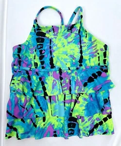 Justice Girl Size 10 Green Blue Splatter Ruffle Tankini Swim Suit Top - Picture 1 of 4