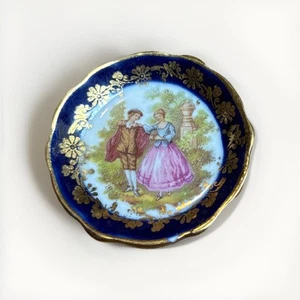 Vtg Limoges Miniature Plate 2” Courting Couple Signed Navy Blue Gold Trim - Picture 1 of 2