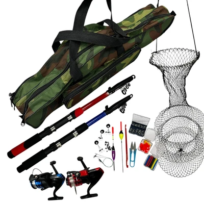 TOP-HX Super Angelset Komplettset 2 Ruten 240cm 2 Rollen Fischnetz 85 Teile