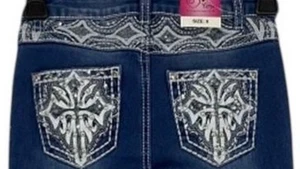 Girls Embellished Cross Rhinestone Embroidery Stitch Denim Kids Blue Jeans 4-14 - Picture 1 of 5