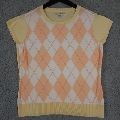 Tommy Hilfiger Suéter Mujer XL Amarillo Naranja Argyle Manga Corta Academia Tejido Foto 1 de 4