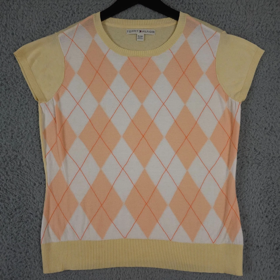 Tommy Hilfiger Sweater Womens XL Yellow Orange Argyle Short Sleeve Academia Knit - Image 1 of 4