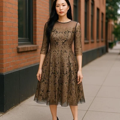 KAY UNGER New York NWT $560 Gold Embroidered Lace Midi Evening Dress Size 10 - Image 1 of 4