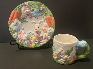 Vintage Ceramic 3D Bunny Rabbit Plate 8.25” And Mug 1996 - Picture 1 of 5