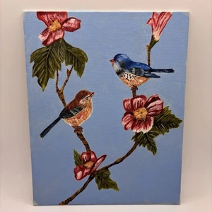 Original Gemälde zwei Vögel Baby Vögel auf Zweigen Spatzen Blumen 2000 8x10 Zoll - Bild 1 von 10