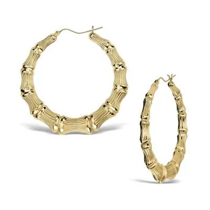 10k & 14k Gold Classic Bamboo Round Hoop Earrings - Picture 1 of 15