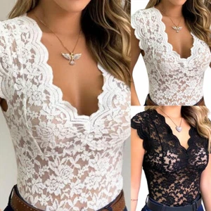 Damen Sommer V Ausschnitt Blumen Spitze Bluse T-Shirt Body Strampler Häkel Top ≌ - Bild 1 von 8