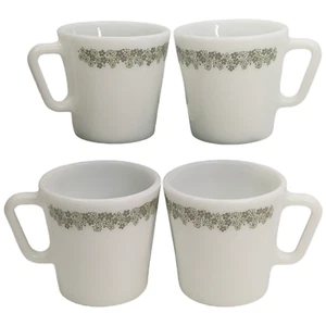 Pyrex Spring Blossom Green Crazy Daisy Coffee Cup Mugs D Handle Milk Glass 4 Set - Picture 1 of 22