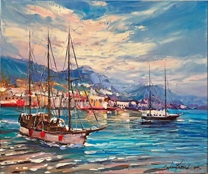 Oil Painting Sea Boats Yachts Ships Marine Seaside Sky Sunny Day Ukraine Art - Picture 1 of 12