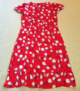 Womens Dress-TALBOTS-red/blue floral silky 'Flounce Hem' ruffled Cottagecore-6P - Picture 1 of 6